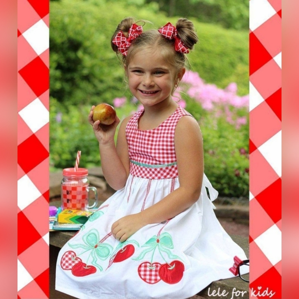 Girls Red Gingham Cherry Patchwork Dress. Cherry Applique' Summer Birthday Dress